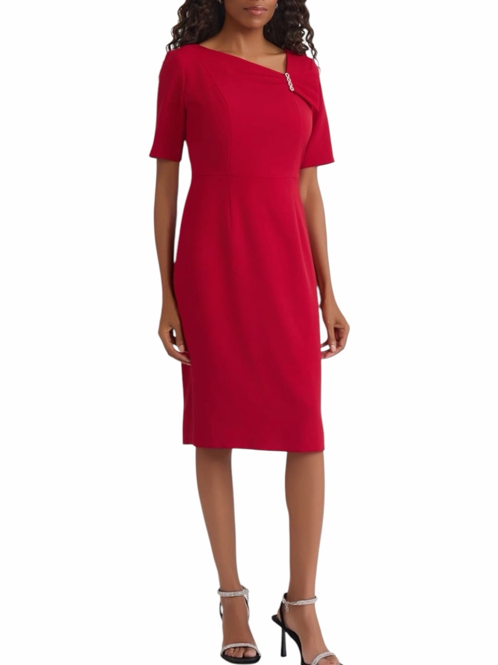 NWT Kasper Fire Red Rhinestone Brooch Sheath Cocktail Dress size 10